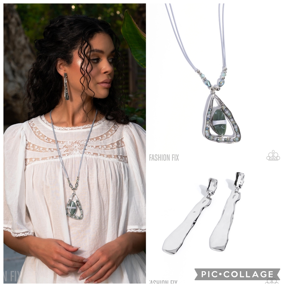 Silver-Tone Necklace with Green Mosaic Teardrop Pendant